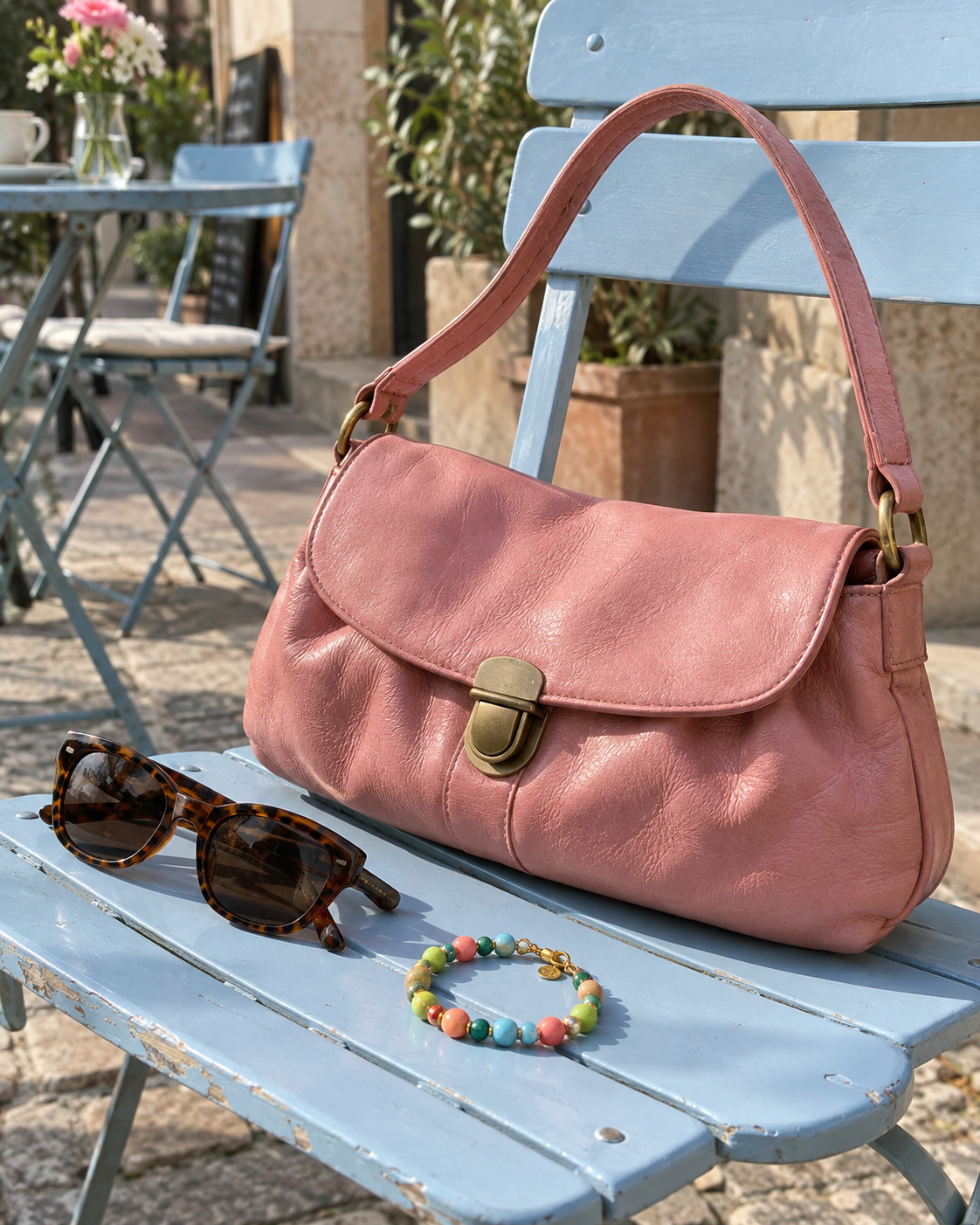 KI-generiertes Motiv: rosa Tasche, Sonnenbrille und buntes Armband auf einem hellblauen Café-Stuhl