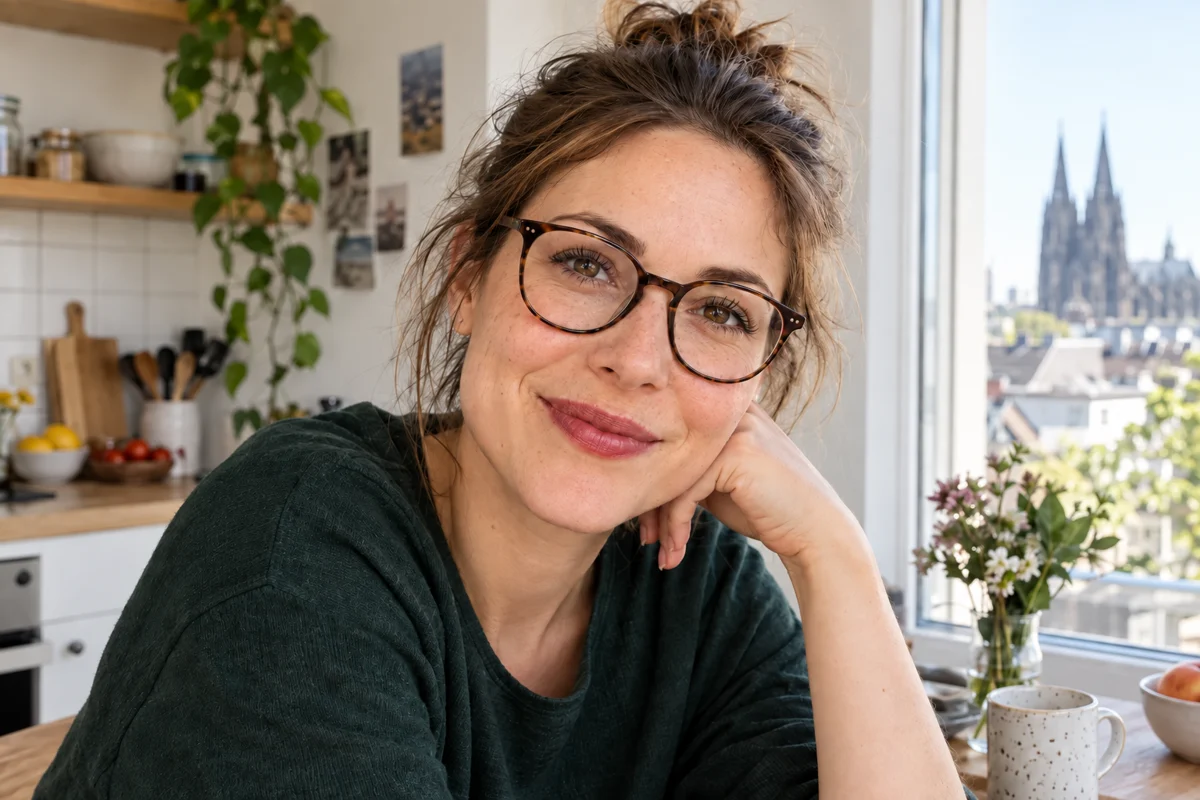 Frau mit Brille und natürlichem Make-up am Küchenfenster