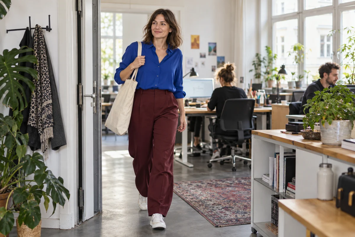 Frau in blauer Bluse und weinroter Hose an einem Arbeitsplatz