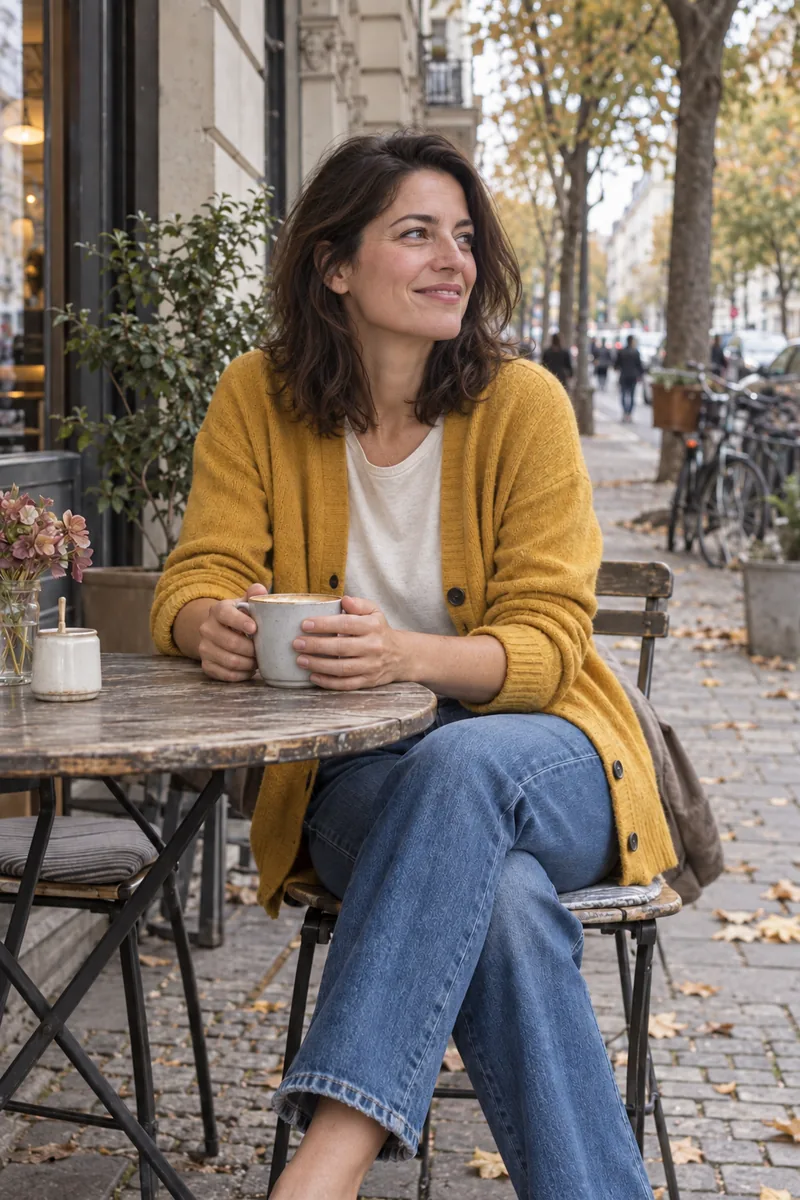 Frau in farbiger Kleidung an einem Cafétisch