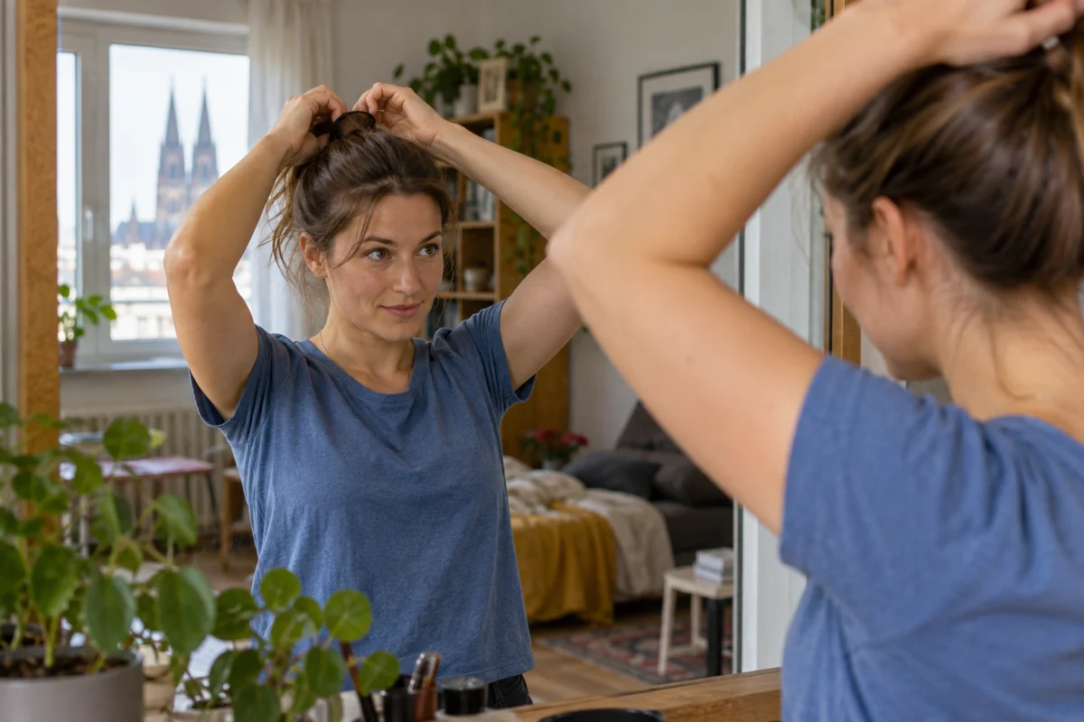 Frau bindet ihre Haare vor einem Spiegel zusammen