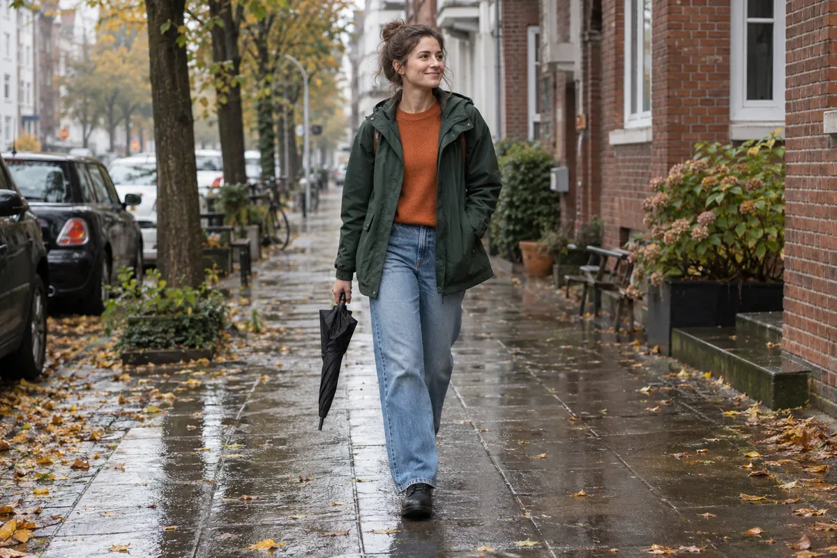 Frau in grüner Jacke und orangefarbenem Pullover auf einer nassen Hamburger Straße