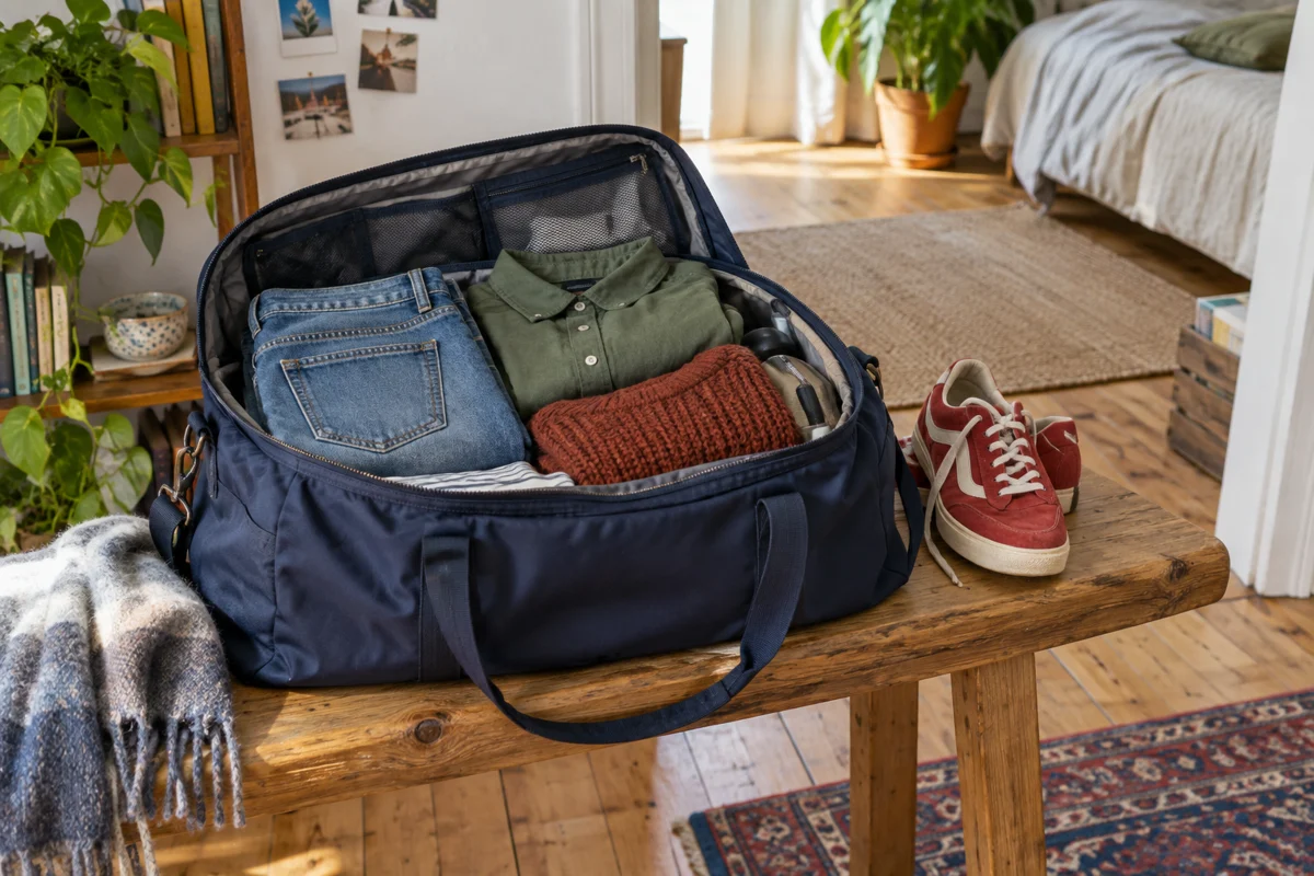 Offene Reisetasche mit wenigen farbigen Kleidungsstücken