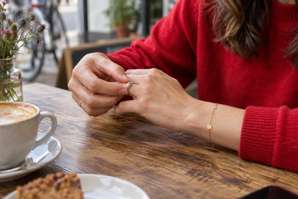Hände mit feinem Schmuck und rotem Ärmel an einem Café-Tisch