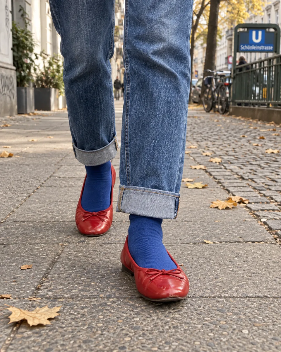 Rote flache Schuhe zu Jeans und blauen Socken