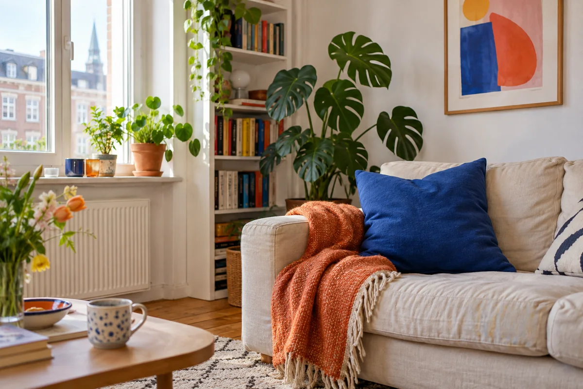 Wohnzimmer mit blauem Kissen, orangefarbener Decke und Zimmerpflanze